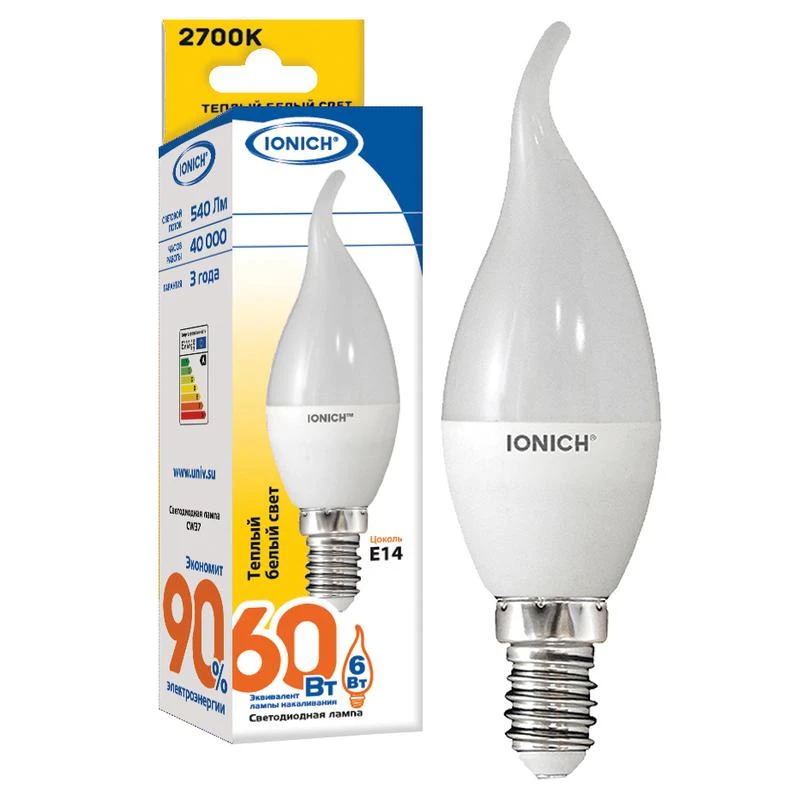 Лампа светодиодная ILED-SMD2835-CW37-6-540-230-2.7-E14 CW37 6Вт Свеча на ветру 2700К тепл. бел. Е14 230В IONICH 1632