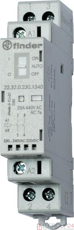 Контактор модульный 2NO 25А AgSnO2 24В AC/DC 17.5мм IP20 опции: мех. индикатор + LED FINDER 223200244320